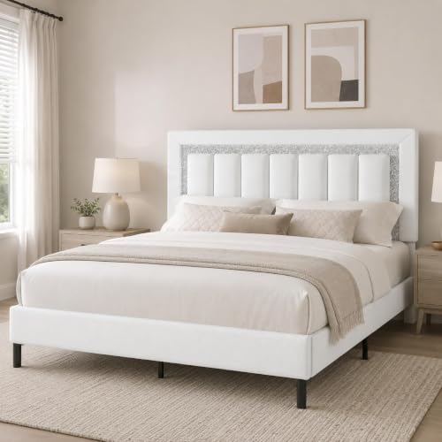 HOMBCK Full Bed Frame with Faux Leather Upholstered Headboard | Bed Frame Full Size with Diamond Vertical Design, No Box Spring Needed, Under Bed Storage, Easy Assembly, White - color: White, size: Full