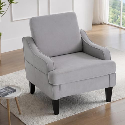 Mid-Century Accent Chair, Comfy Arm Chair Upholstered Living Room Chair for Bedroom, Fabric Reading Chair with Wood Legs for Apartment, Waiting Room, Vanity Room (Gray) - color: Grey