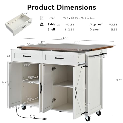 53.5" Large Kitchen Island with Storage & Power Outlet, White | Rolling Kitchen Cart, Drop Leaf, Power Outlet, USB Ports, Adjustable Shelves, 2 Drawers, Cabinets, Lockable Wheels, Farmhouse - color: White-53.5"