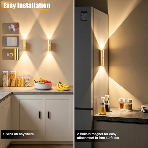 2 Pack Motion Sensor Wall Light, Rechargeable Wall Sconces | Wall Sconces Battery Operated with 3 Colors & Dimmable, Magnetic Wireless Wall Sconces for Stair Bedroom Hallway (Gold) - color: Glod