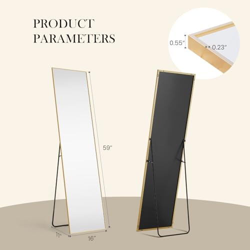 NEWBULIG Full Length Floor Mirror, Body Standing Wall Mirror | Hanging or Leaning, Shatter-Proof Glass, Aluminum Alloy Frame with Stand, Home Decor Bedroom, Gold - color: Gold-rect, size: 59"L x 16"W