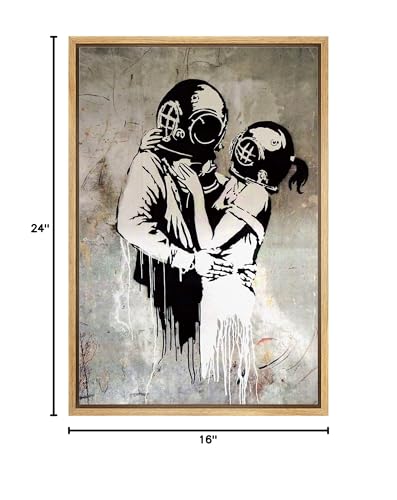 wall26 Framed Canvas Print Wall Art Banksy British Artist Deep Sea Diver Lovers Spray Paint Graffiti & Street Art Urban Illustration Modern Art Boho for Living Room, Bedroom, Office - 16"x24" Natural - color: A12-2204-ma0511, size: 24"L x 16"W
