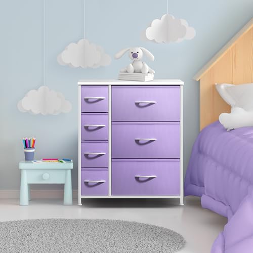 Sorbus Dresser with 7 Drawers - Furniture Storage Chest for Kid’s, Teens, Bedroom, Nursery, Playroom, Clothes, Toys - Steel Frame, Wood Top, Tie-dye Fabric Bins (7-Drawer, Pastel Purple) - color: Pastel Purple
