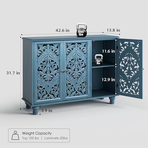Jiansu furni 32'' Tall Sideboard Buffet Cabinet with Storage, Accent Cabinet with 3 Doors and Adjustable Shelves,Buffet Table with Solid Wood Legs for Kitchen, Living Room, Hallway, Blue - color: Blue_3 Doors