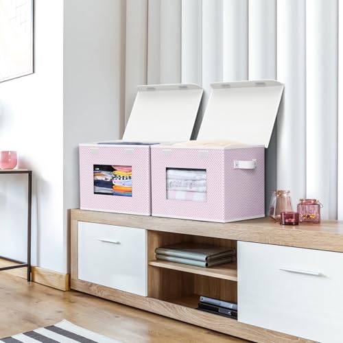 Univivi Fabric Foldable Storage Boxes with Lids, 4 Pack, Pink | 17 x 12 x 12 In Large Stackable Storage Bins with Lids, Closet Organizers and Storage Cube Basket for Home, Office, Bedroom - color: Pink Polka Dot