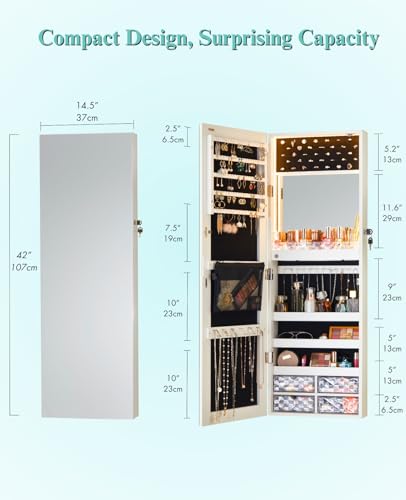 LUXFURNI Wall & DoorโMounted Storage Jewelry Armoire Cabinet with Mirror | Builtโin LED Mirror, Acrylic Lipstick Tray, 4 Clear Drawers, Large VelvetโLined Storage, Wall & DoorโMounted, Lockable - style: Full Frame White