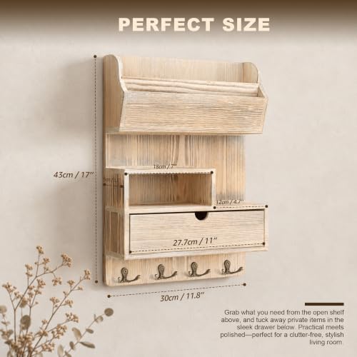 Rebee Vision Pine Wood Key Holder Wall Mount with Drawer, NaturalWood | Farmhouse Mail and Key Organizer, 4 Key Hooks, Mail Sorter for Letters, Keep Small Essentials Tidy, Add Retro Entryway Charm - color: NaturalWood