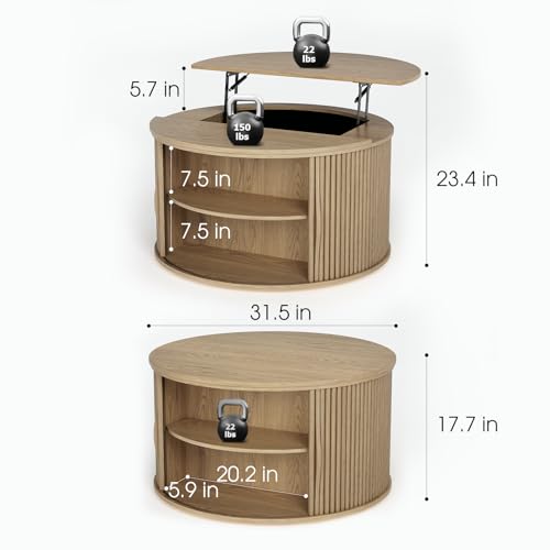 JOINICE Round Lift Top Coffee Table with Storage for Living Room,Oak | 31.5" Drum Design,Hidden Storage&Open Shelf,Boho Fluted Center Table for Small Apartments,Easy Assembly,Up to 150 lbs - color: Oak_round (Lift Top)