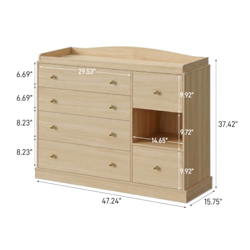 Kids Dresser Cabinet with 6 Drawers, Changing Table for Nursery with Shelf, Multi-Functional Chest of Drawers, Kids Bedroom Furniture, Nightstand for Children's Room, Natural - color: Natural