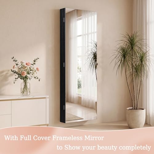 Unisakey Mirror Jewelry Cabinet,Lockable Wall or Door Mounted Jewelry Armoire Organizer With Built-up Mirror,LED Lights, Drawers,Cosmetic Trays,Shelves, 14.4"x3.15"x 43.1"(Black) | Door or Wall Mount Flexible,Drawers Cosmetic Trays Shelves Inside,Built-in