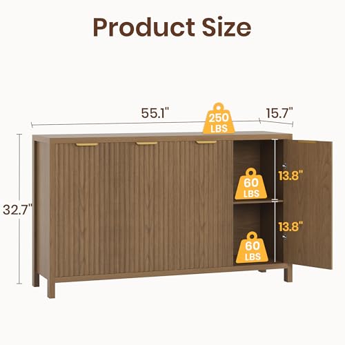 Fluted Buffet Cabinet with Storage, 55" Sideboard Cabinet with 4 Doors, Modern Credenza Accent Console Cabinet Coffee Bar Table for Living Room Dining Room Hallway, Walnut - color: Walnut