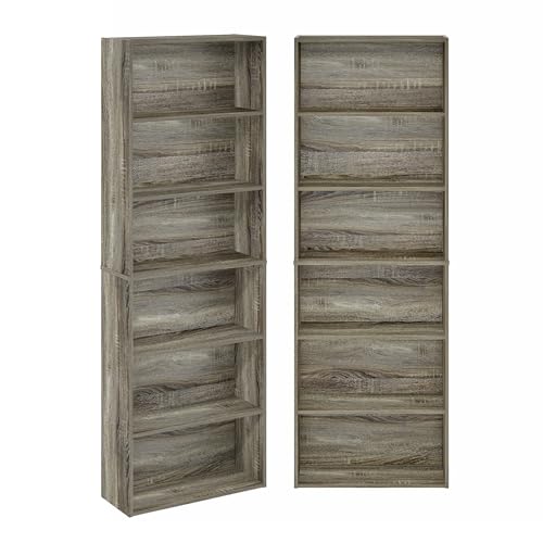 Furinno Jaya Book Shelf Set of 2, 6-Tier Bookshelf, Bookcase, 9.5 x 24.6 x 71, for Home Office, Living Room, French Oak - color: French Oak, size: Set of 2, 6-Tier