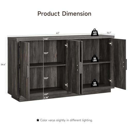 63" Sideboard Buffet Cabinet, Wooden Kitchen Coffee Bar, Black | 4 Doors & Shelves, Ample Storage, Anti-Tip Fixation Design, Credenza Storage for Living Room, Hallway (63" Wide) - color: Black