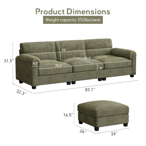 Bonzy Home 3 Seater Couch for Living Room, Corduroy, Green | 83.1 inch Comfy Sectional Couches with Movable Ottoman and Rolled Arms, Modern Sofa for Bedroom, Apartment, Office - color: Green, size: 3+0