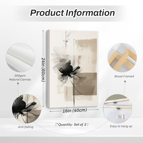 Modern Abstract Floral Wall Art Minimalist Neutral Canvas Painting Decor Beige Cream And Black Wall Art Contemporary Flower Picture Prints for Living Room Bedroom 16x24 Inch Wrapped Canvas Set of 2 - color: Ink Wash Flower Prints, size: 16x24 Inch Canvas