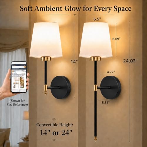 IRONPAX Wall Sconces Battery Operated Set of 2, Wireless Rechargeable Wall Sconce Set of Two, Dimmable Wall Lights with Remote for Bedroom Living Room Hallway Decor (Gold-Black, Fabric Shade) - color: Gold-Black