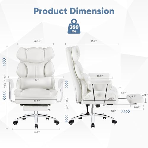DUMOS Ergonomic Home Office Desk Chair, Executive Chair, PU Leather | Big Tall High Back, Lumbar Support, Reclining Height Adjustable, Computer Gaming, Footrest Swivel Wheels, Snow White - color: Snow White
