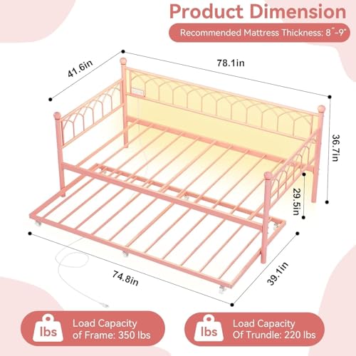 IDEALHOUSE Twin Daybed with Trundle, Day Bed with Charging Station and LED Lights, Heavy Duty Metal Bed Frame, Metal Sofa Bed Frame with Steel Slat Support for Living Room, Bedroom, Apartment, Pink | Charging Station, LED Lights, Pull-Out Trundle, Space-S
