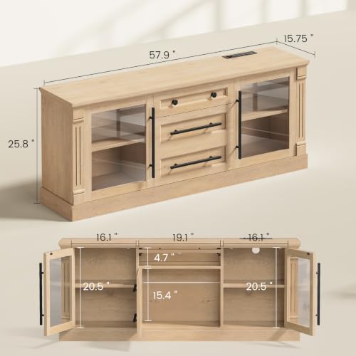 Itaar Farmhouse TV Stands for 65 Inch TV with Storage for Living Room | 3 Storage Cabinets, 1 Drawer, Living Room & Bedroom, Wood Media Console - color: Oak, size: 57.9 IN