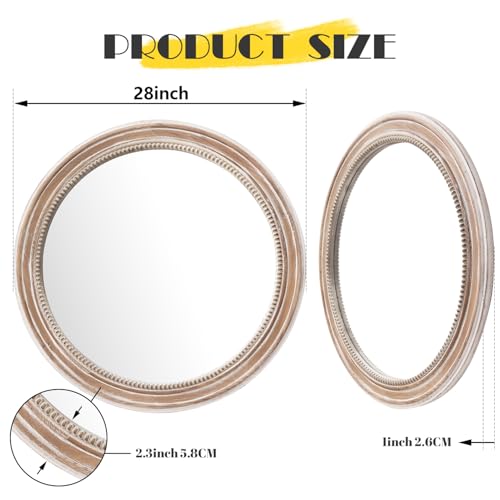 sawsile Round Wood Mirror,28 inch Circle Rustic Farmhouse Natural Wooden Frame Boho Beads Wall Mirror for Bathroom,Living Room,Bedroom or Entryway - color: Retro Brown, size: 28"L x 28"W