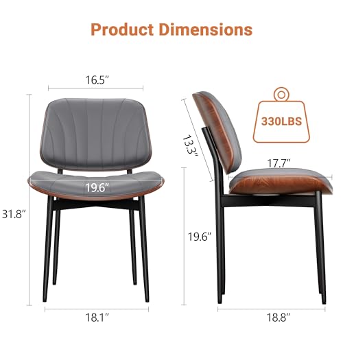 YaFiti Mid Century Dining Chairs Set of 2 with Walnut Bentwood, Gray | Ergonomic Walnut Backrest, Upholstered Waterproof PU Leather Seat, Stable Metal Legs, Adjustable Footpads, Apartment Friendly - color: Gray Scallop