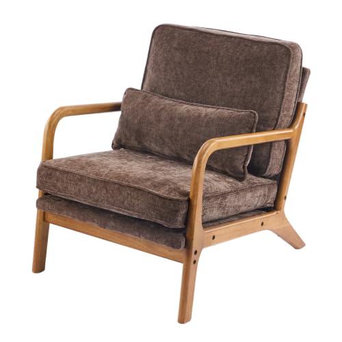 Karl home Mid-Century Modern Accent Reading Chair, Brown | Chenille Upholstered, Solid Wood Frame, Soft Cushion, Lumbar Pillow, Lounge Armchair for Living Room, Bedroom, Balcony, Study - color: Chenille Brown