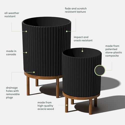 Veradek Demi Series Raised Duo Planters - Set of 2 Planters with Stands | Made From a Durable Plastic-Stone Composite & Comes With Wooden Stand. Modern Porch/Patio Décor - color: Black/Brown, size: Bundle - 2 Pack