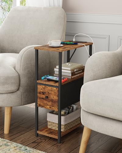TUTOTAK Small Narrow End Table with Charging Station, Set of 2 | Side Table with Outlets, Nightstand with Cloth Drawer, Couch Table for Living Room, Bedroom, Bedside, Brown TB01BB058 - color: Brown, style: 1 Drawer & Plug
