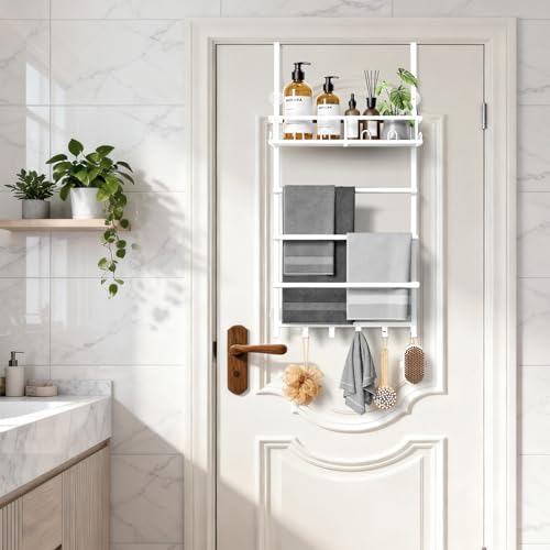 Aetyord Towel Racks for Bathroom Over The Door Towel Rack Towel Storage with Metal Shelf Basket and Hooks White