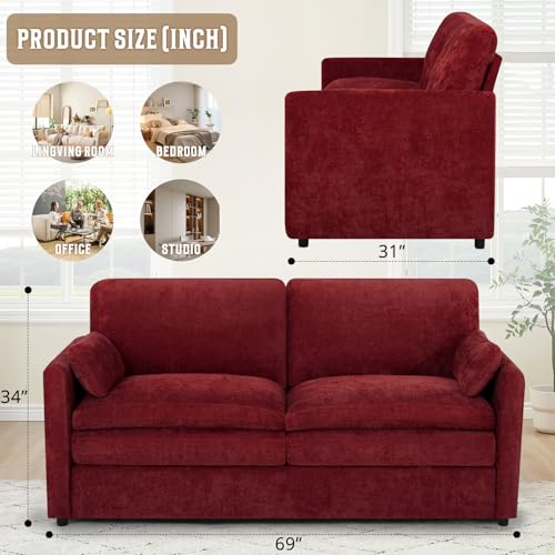 69" Chenille 2 Seats Sofa with 2 Pillows, Red | Modern Upholstered Sofa with Deeper Seats, Comfy Sofa with Thickened Cushions for Living Room, Apartment - color: Red, size: Loveseat