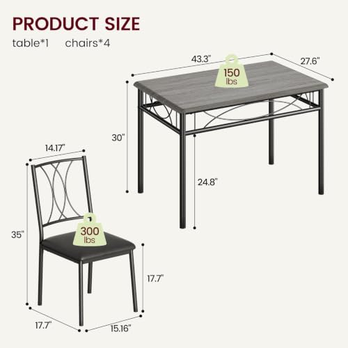 CABIHOME Dining Table Set - 5 Piece Rectangle Kitchen Table with 4 Upholstered Chairs, Perfect for Small Spaces & Apartments - Retro Gray - color: Retro Gray, size: Table with 4 Upholstered Chairs