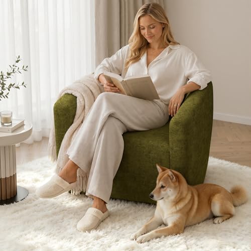 YaFiti Modern Swivel Accent Chair 1 pcs, Round Barrel Club Armchair, Green | Chenille Fabric, 24.4” Deep Seat, FSC Solid Wood, 400lbs Capacity, Barrel Club Chair, Upholstered Armchair for Living Bedroom - color: Green