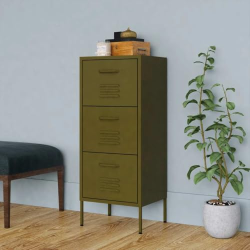 3 Drawer Metal Storage Cabinet, Olive Green Steel Organizer | Rectangular floor-standing organizer unit with three slides and levelers for living room or study. - color: Green, size: Medium