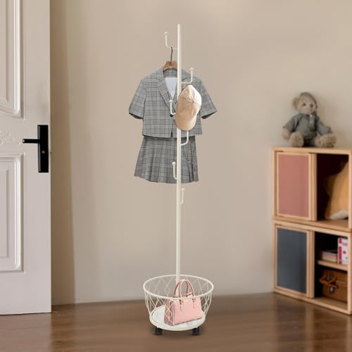 Coat Rack Freestanding, Coat Tree with Umbrella Holder, Metal Coat Rack Stand with 6 Hooks, Modern Coat Hanger Stand w/Wheels for Entryway, Purse Rack Hat Rack Stand (White) - color: White