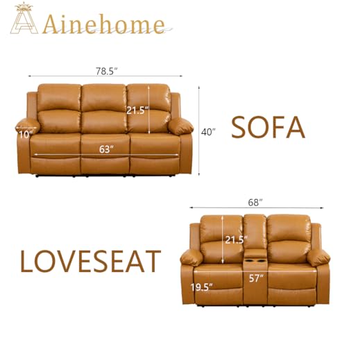 A Ainehome Recliner Sofa Set Living Room Manual Reclining Sofa Bonded Leather Loveseat Chair Sectional Couch for Living Room/Home (A-Ginger Leather, Sofa+Loveseat) - color: A-ginger Leather, size: Sofa+Loveseat