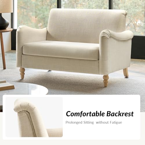 HULALA HOME 50.5" Small Loveseat Sofa, 2 Seater Farmhouse Sofa, Linen | Comfy Upholstered Couch, with Solid Wood Spindle Legs and Rolled Wide Armrests, Loveseat Couch for Living Room Bedroom - color: Linen, size: 2-Seater Loveseat