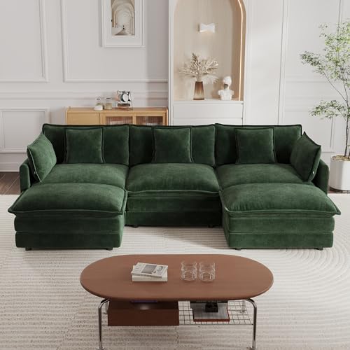 Modular Sectional Sofa, 111.5 Inch U Shaped Couch Set for Living Room, 3-Seater Comfy Cloud Couches with Movable Ottoman, DIY Combination, Chenille, Evergreen - color: Evergreen, size: 111.5 Inch- U