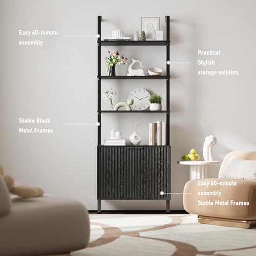 74" Tall Bookshelf with Storage Cabinet, Modern Ladder Shelf with Wood and Metal Frame, Wall Mount Bookcase Open Display Shelf Furniture for Living Room, Bedroom, Home Office,Black - color: Black