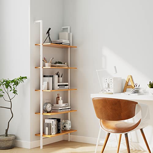 SogesHome 5-Tier Industrial Wall-Mounted Ladder Shelf - Modern Bookshelf with Metal Frame for Organizing Plants, Flowers, and Books in Kitchen, Living Room, Bedroom, or Office
