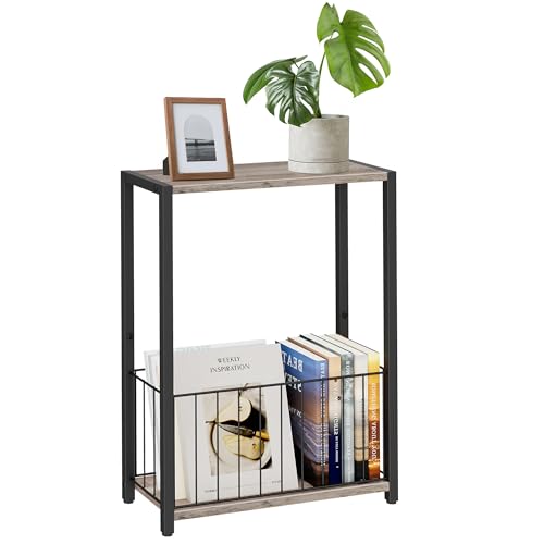 Homleke Narrow Side Table with Magazine Holder, Skinny End Table | Space-Saving Design, Small Spaces, Storage Shelf, Metal Frame, Easy Assembly, 7.1" D x 16.9" W x 23.6" H, Greige - color: Greige - Standard
