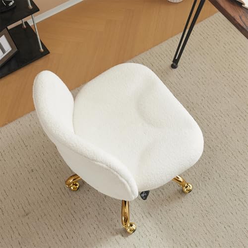 VINGLI Wide Criss Cross Legged Office Chair,Buttprint Ergonomic Desk Chair Comfy with Pillow&Gold Base,Dual-Use with/no Wheels,Adjustable Vanity Swivel Chair for Bedroom,Home Office,Teddy Fleece,White - color: Cherished White