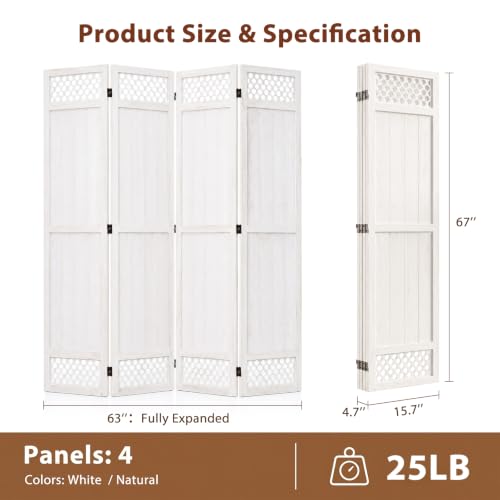 Wood Room Divider Privacy Screen, White Carved Room Divider 4 Panel 67" | No-Assembly Required, Freestanding Indoor Folding Panel Decor for Bedroom, Office or Apartment - color: White, size: 4 Panel