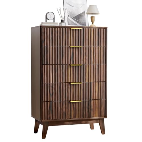 5-Drawer Dresser Fluted Drawers, Mid-Century, Walnut | 31"W x 15.4"D x 48"H, 130 lbs top / 40 lbs per drawer (7.7"H), 5 fluted drawers, gold handles, anti-tip straps - size: 15.4"D x 31"W x 48"H (5 Drawers)
