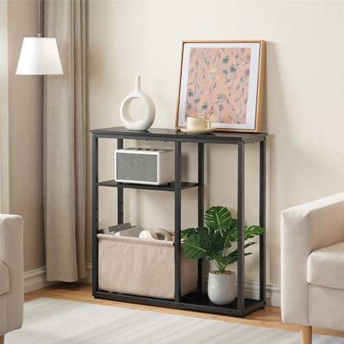 HOOBRO Narrow Console Table with Storage Basket, 29.5" Small Entryway Table with 3-Tier Storage Shelves, Behind Couch Sofa Table, Hallway Table for Living Room, Black and Beige BB60XG01