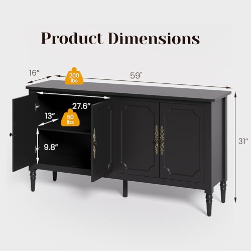 RoyalCraft Sideboard Buffet Cabinet with Storage, 59" Mid Century Modern Credenza with 4 Doors, Coffee Bar Wine Bar Storage Cabinet with Artistic Carved Handle for Living Room, Dining Room, Black - color: Black, style: 4 Doors