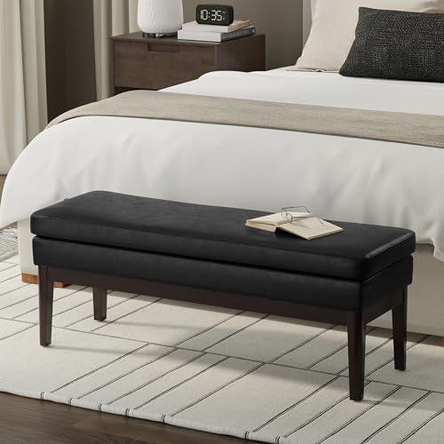 SIMPLIHOME Carlson 45" Wide Vegan Leather Rectangle Ottoman in Black | Distressed black, mid-century modern ottoman bench with a padded seat for bedroom or living room; footstool, footrest. - color: Distressed Black, style: Ottoman Bench
