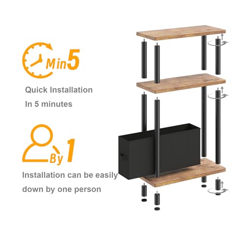 Apicizon Narrow Side Table with Fabric Basket, 3-Tier End Table,Brown Black | Sofa Side Table, Wood Storage Shelf, Slim Nightstand, Skinny Bedside Table for Narrow Spaces, Living Room, Bedroom - color: Rustic Brown and Black, style: Narrow Side Table with