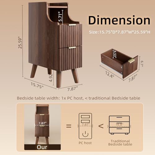 EAG Fluted Narrow Nightstand, Skinny Bedside Table with 2 Drawers, Walnut | Wooden Small End Table for Small Spaces, Mid Century Modern Night Stand, Slim End Table for Bedroom - color: Walnut, size: 8" W