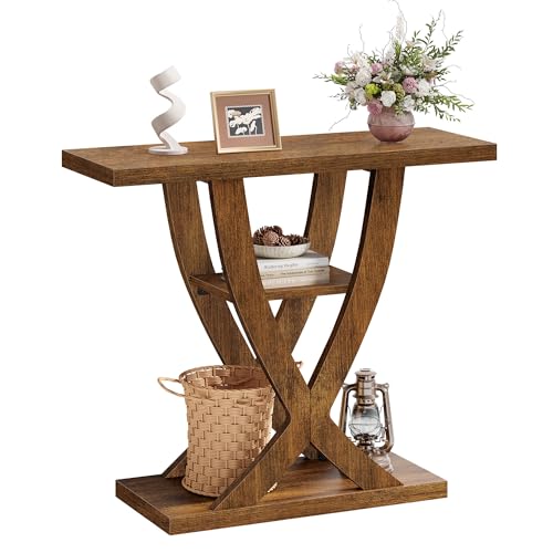 FAVOOSTY Entryway Table, 3 Tier Hallway Table, Console Tables for Living Room, Narrow Entrance Table with Storage, Sofa Table Behind Counch, Accent Table for Entry Foyer, Rustic Brown - color: Brown