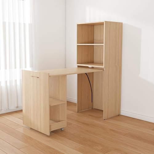 Natural Foldable Office Desk, Fold Out Convertible Hidden Murphy Computer Desk with Storage Shelves, Multi-Function Folding Writing Table for for Small Spaces, Home Office - color: Natural